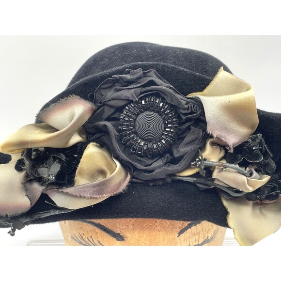 Louise Green Black Wide Brim Hat OS Black Felt with Ombre Ribbon & Bow Handmade main image 9